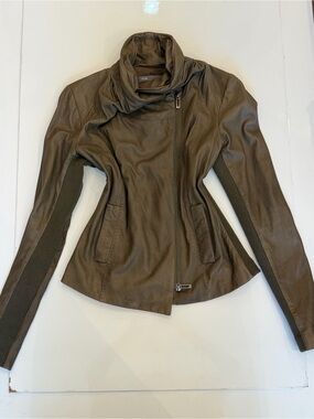 Vince Olive Green Leather Asymmetrical Zip Jacket